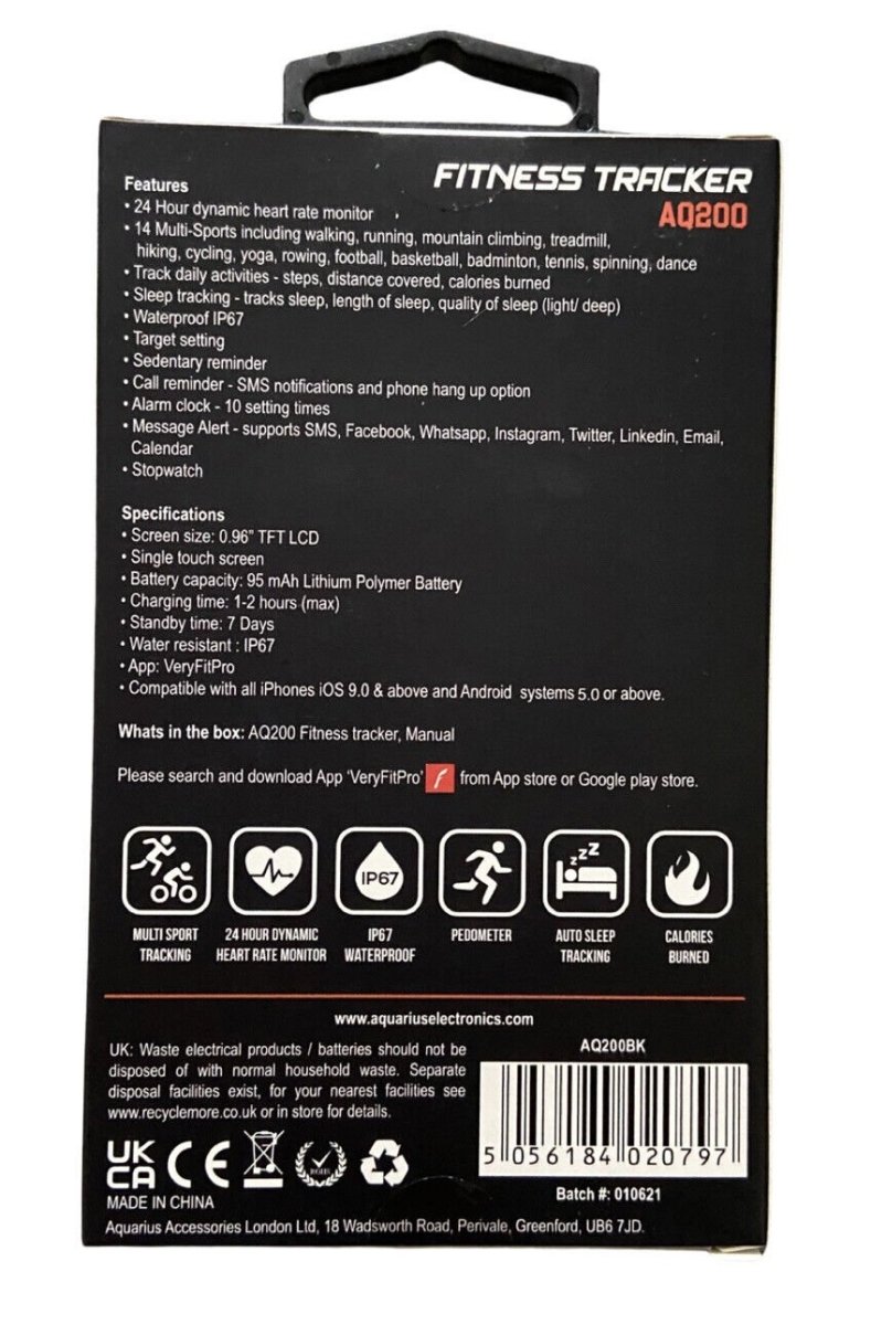 Aquarius AQ200 Multi - Functional Heart Rate & Sleep Monitor Tracker Black - VitaMedsFitness tracker