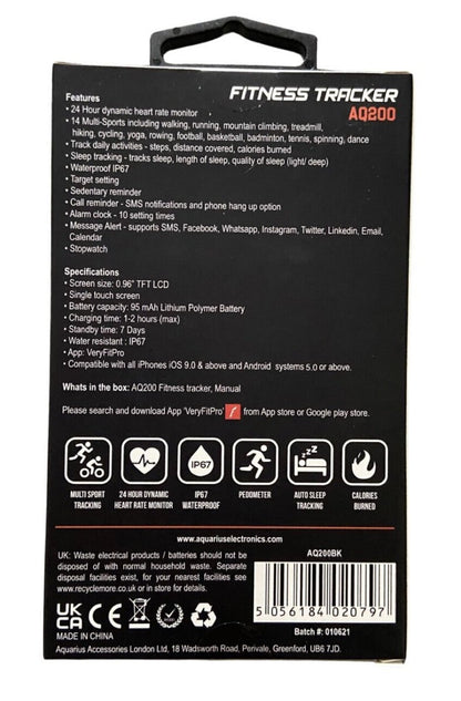 Aquarius AQ200 Multi - Functional Heart Rate & Sleep Monitor Tracker Black - VitaMedsFitness tracker